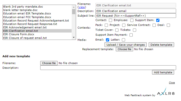 Managing AXLR8 Mail Merge Templates